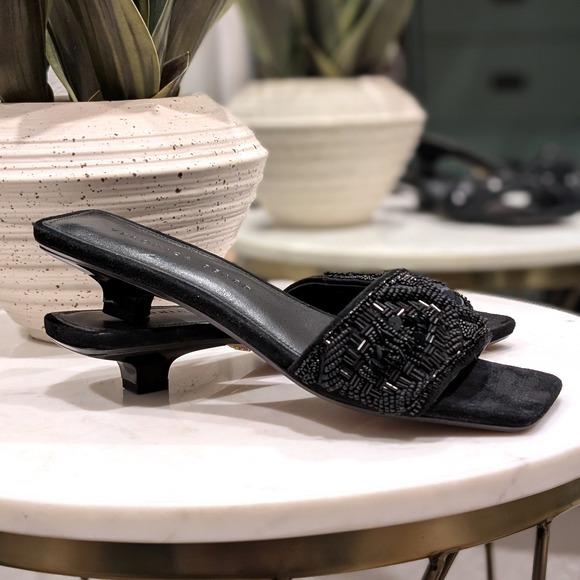 Veronica Beard Black Finlee Beaded Square Toe Kitten Heel Slides Sandals Size 7M - Picture 2 of 5